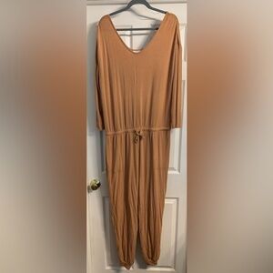 Serra Tan Jumpsuit with Relaxed Fit and Adjustable Waist, XL
